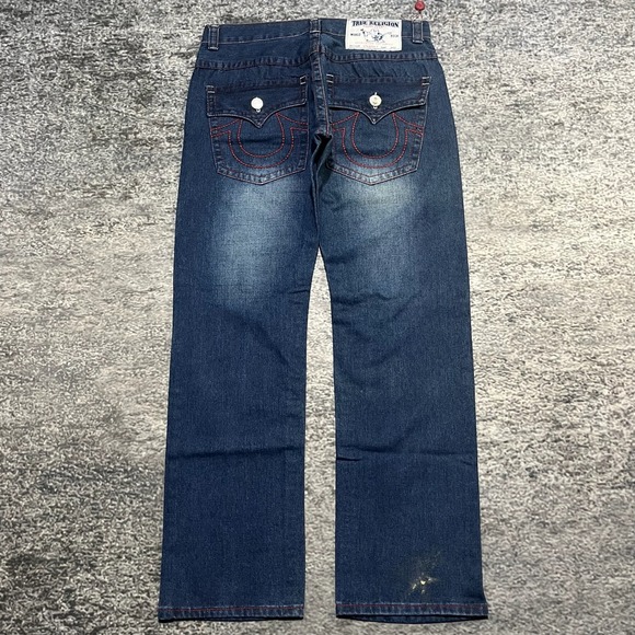 True Religion Straight Jeans Mens 38x34 Blue Red Stitched Logo Flap Pockets Y2K